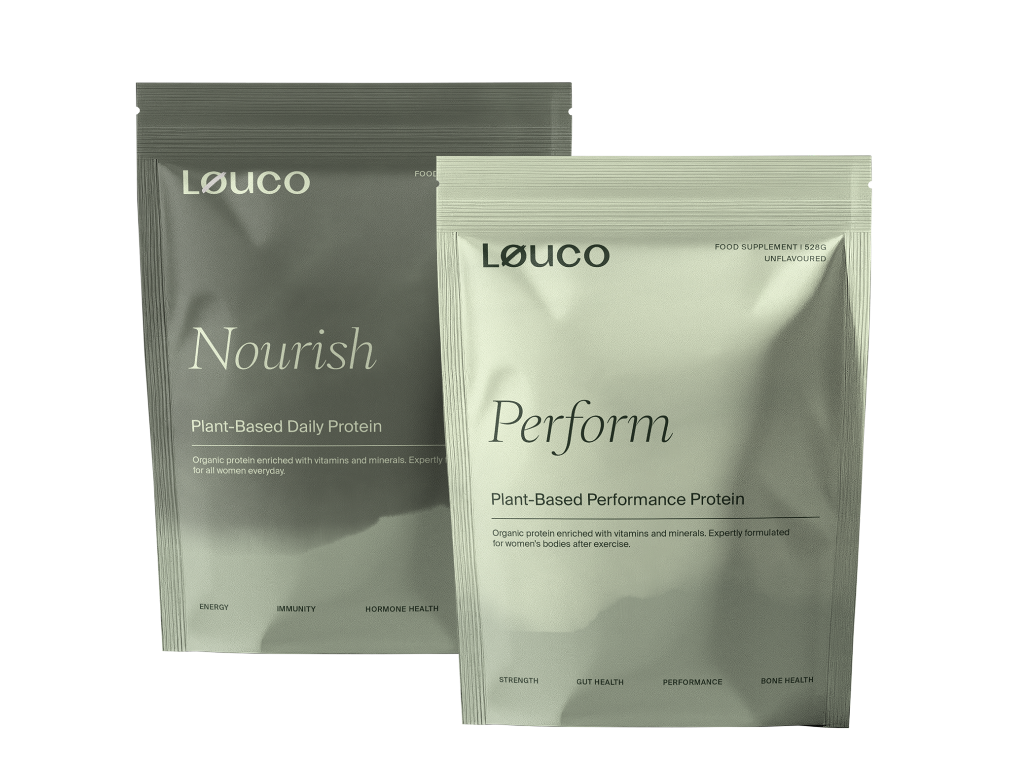Two LOUCO protein powder packages, one labeled 'Nourish' and the other 'Perform', on a white background.