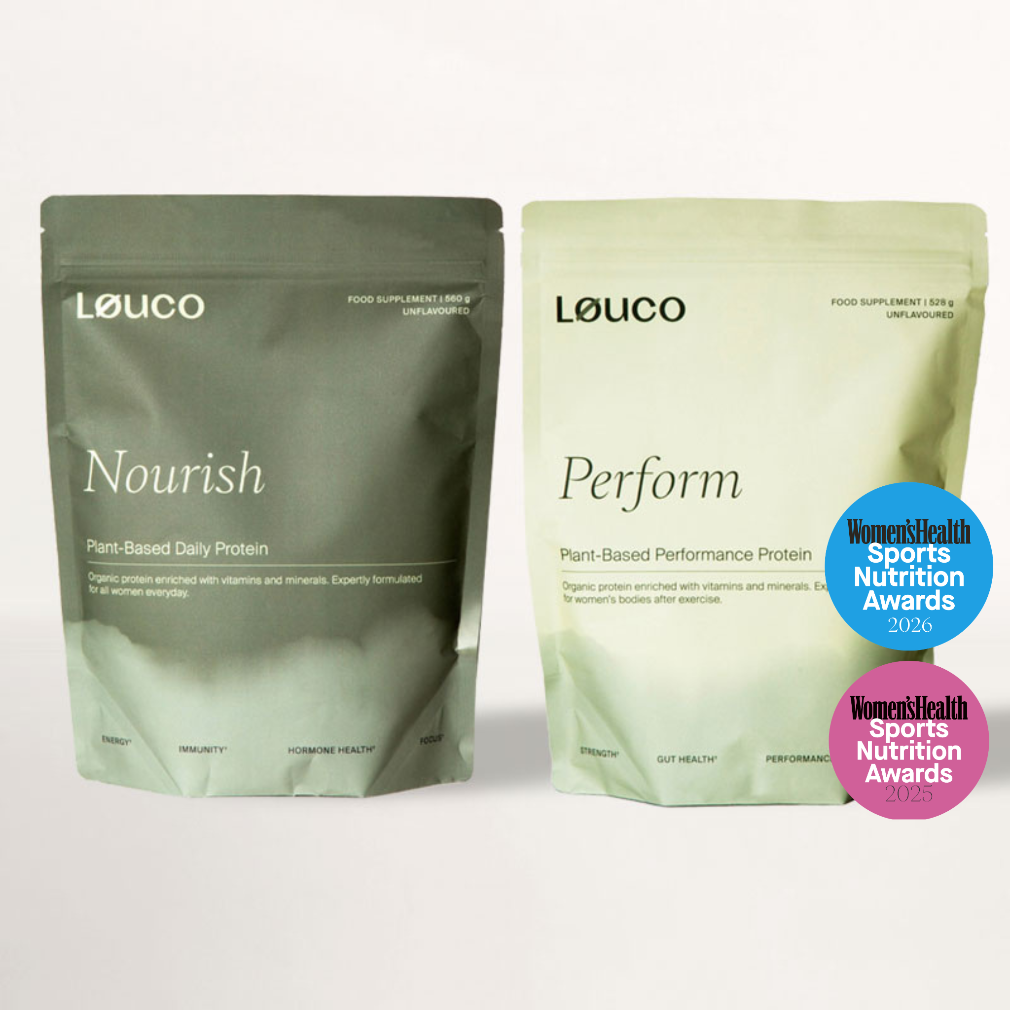 Two LOUCO protein powder packages, one labeled 'Nourish' and the other 'Perform', on a white background with a Women's Health Sports Nutrition Awards badges 2025 and 2026.