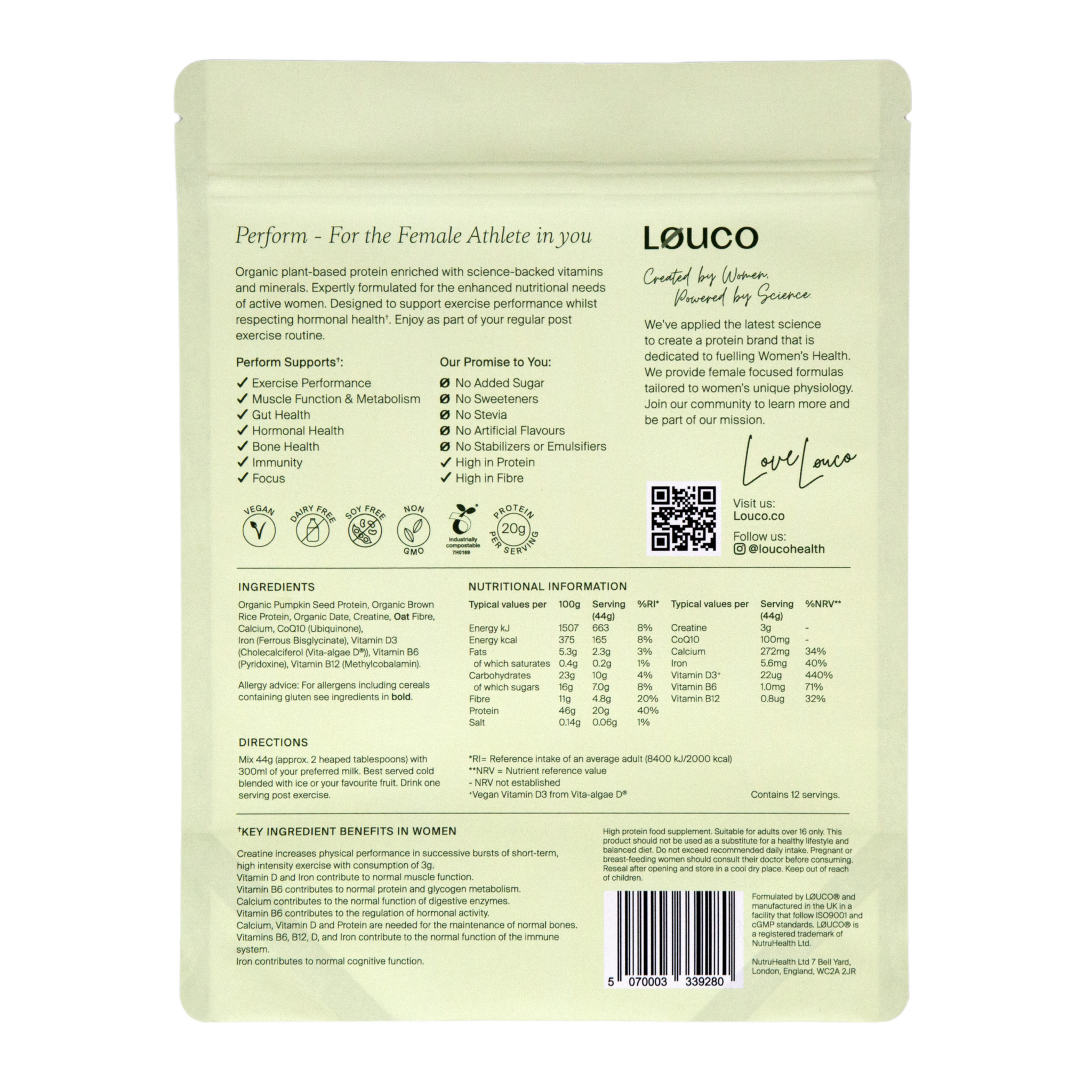 Back view of a LØUCO Perform protein supplement package with ingredients and usage information.